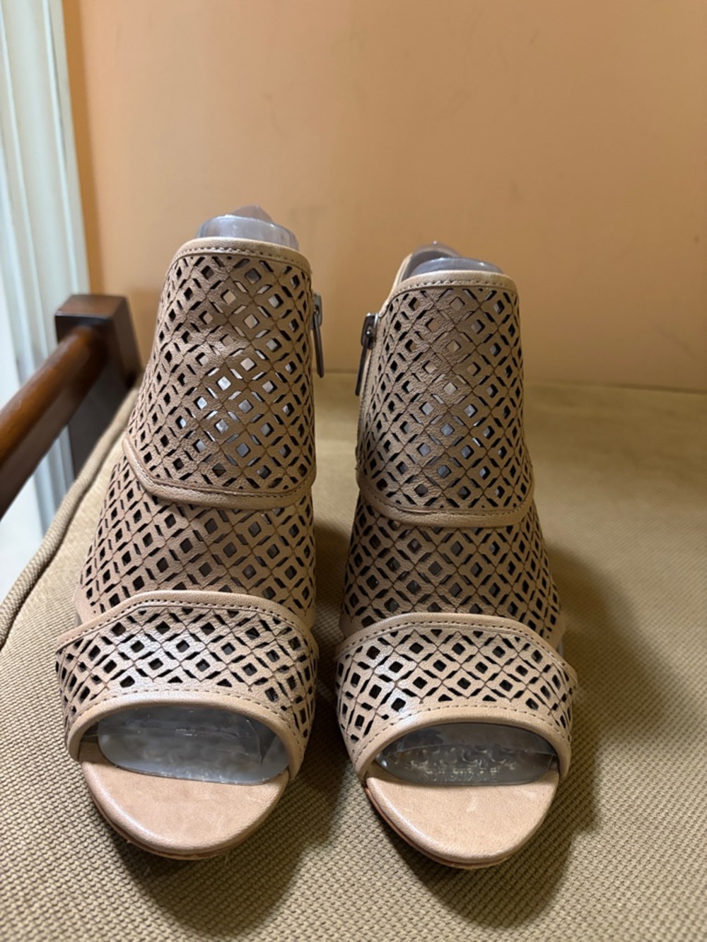 Vince Camuto Tan Laser-Cut Peep Toe Booties - Picture 5 of 9